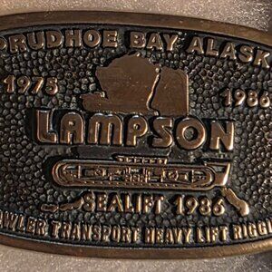 Vintage 1986 Metal Belt Buckle, Solid Brass, Prudhoe Bay, Alaska, Lampson